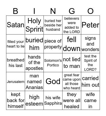 April 2 - Acts 5: 1-16 Bingo Card