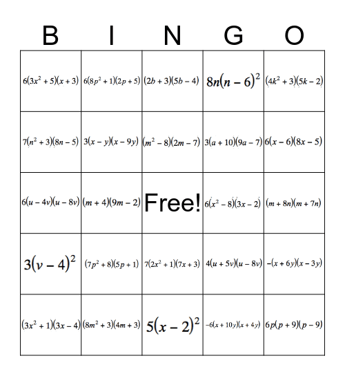 Factoring Bingo Card