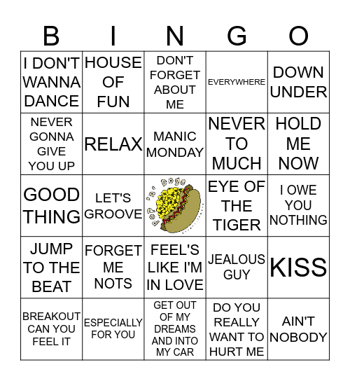 Pop'n'Dogs 80s Boogie Bingo Card