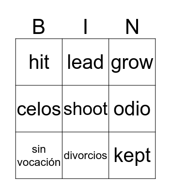 BINGO OF VERBS Bingo Card