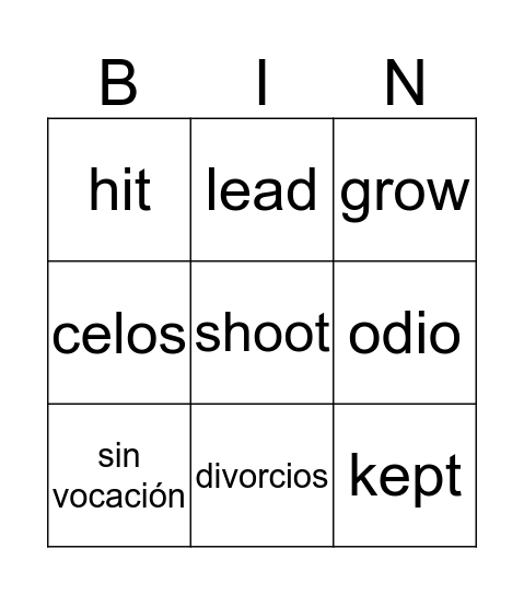 BINGO OF VERBS Bingo Card