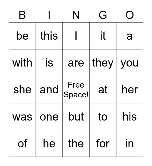 Sight Words 1 - 24 Bingo Card