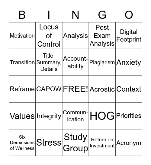 Success Strategies Bingo Card