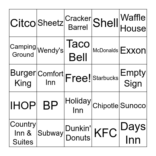 Roadsign Highway Bingo Card