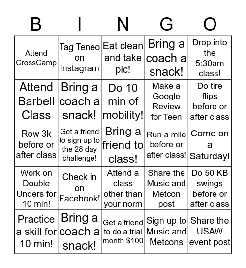 CrossFit Teneo Bingo Card
