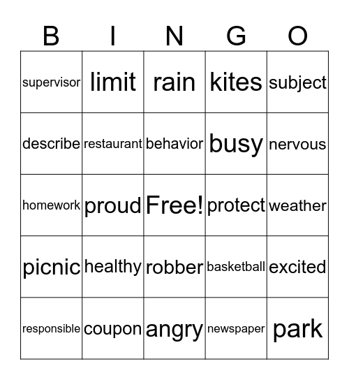 English No Problem Final Vocabulary Bingo Card