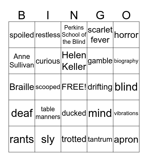 Vocabulary - Helen Keller Bingo Card