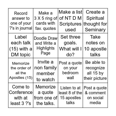General Conference Challenge Bingo Card