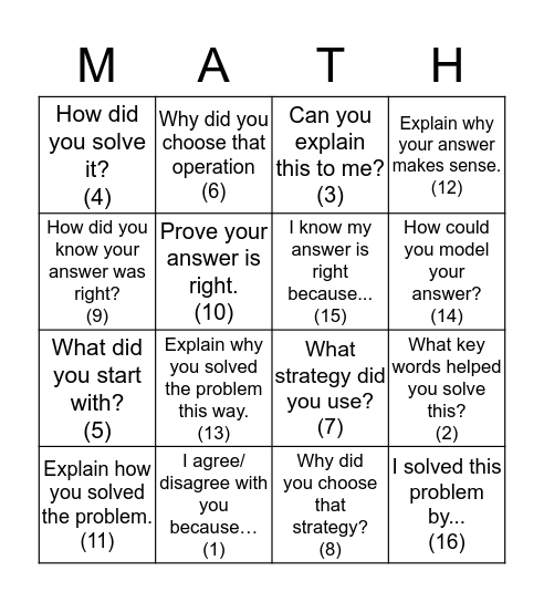 Math Talk Bingo Card