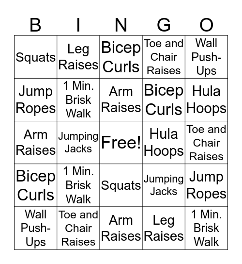 Senior Exercise Bingo Card