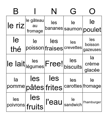 La nourriture !  Bingo Card