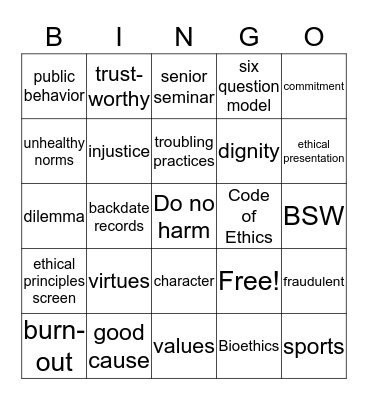 Professionalism and Integrity Bingo Card