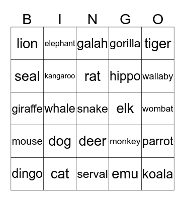 Animal Bingo Card