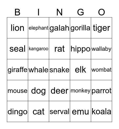 Animal Bingo Card