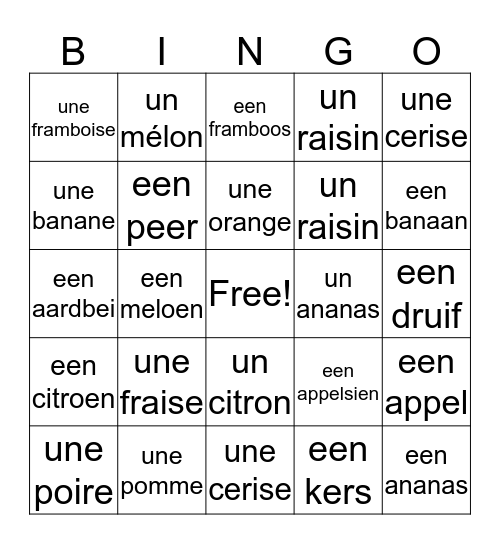 Les fruits Bingo Card