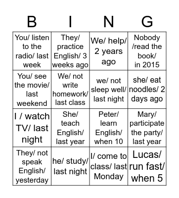 simple past Bingo Card