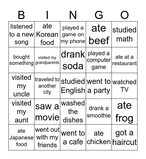 What did you do this weekend? Bingo Card