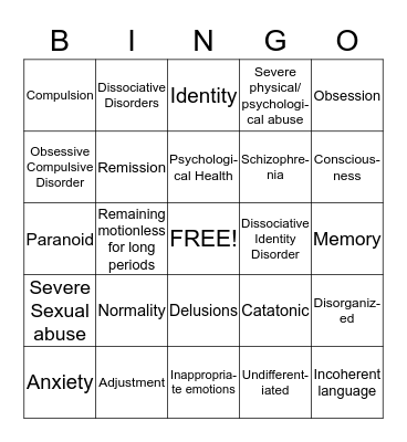 Psychological Disorders Bingo Card