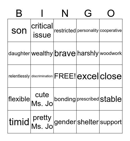 AEP 1B Bingo Card