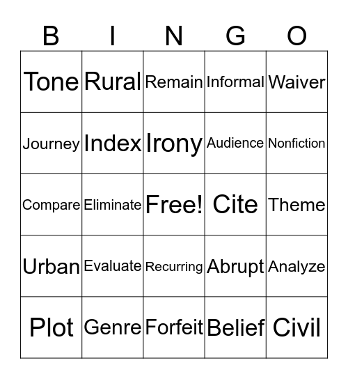 Vocabulary Bingo Card