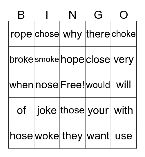 Spelling   oke   ose   ope Bingo Card