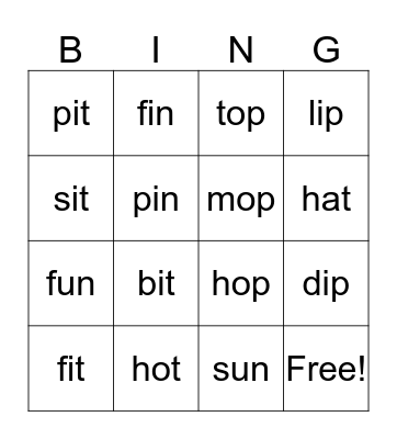 CVC Words Bingo Card