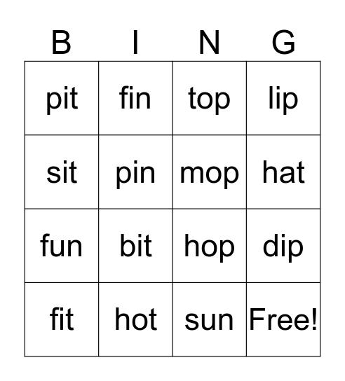 CVC Words Bingo Card