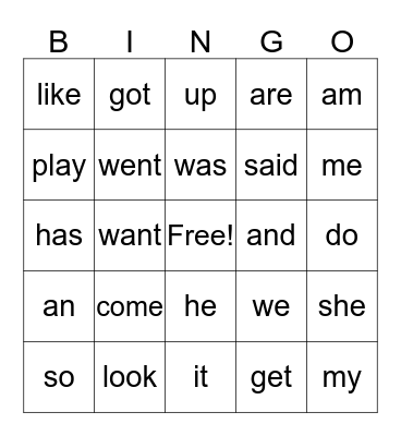 Sight Words #2 Bingo Card