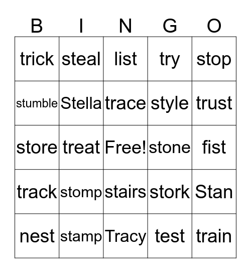 st and tr words Bingo Card