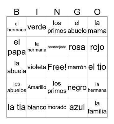 Spanish Vocabulary Words Bingo Card