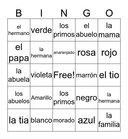 Spanish Vocabulary Words Bingo Card