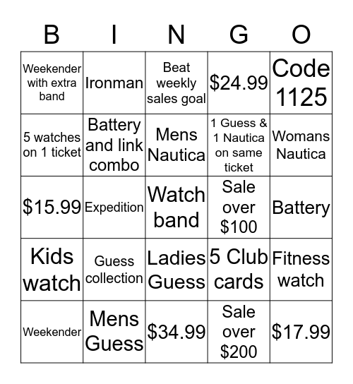 Sales Contest Bingo Card