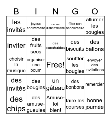 On organise une fête Bingo Card