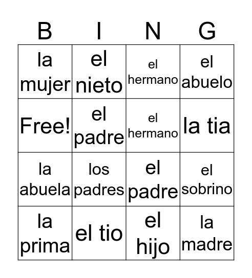 Familia Bingo Card