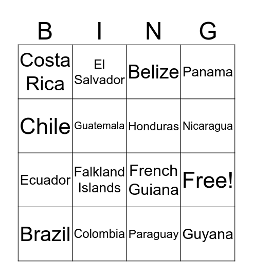 Latin American Countries Bingo Card