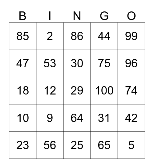 NUMEROS 1-100 Bingo Card