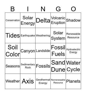 Earth & Space Vocabulary Bingo Card