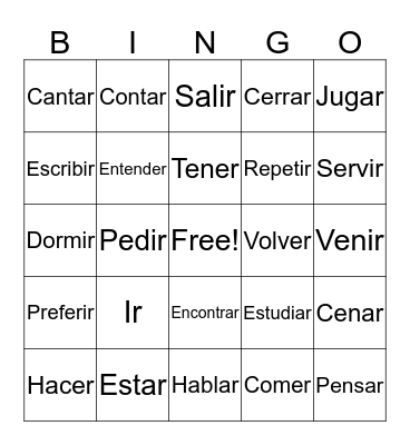 Irregular Verbs Bingo Card