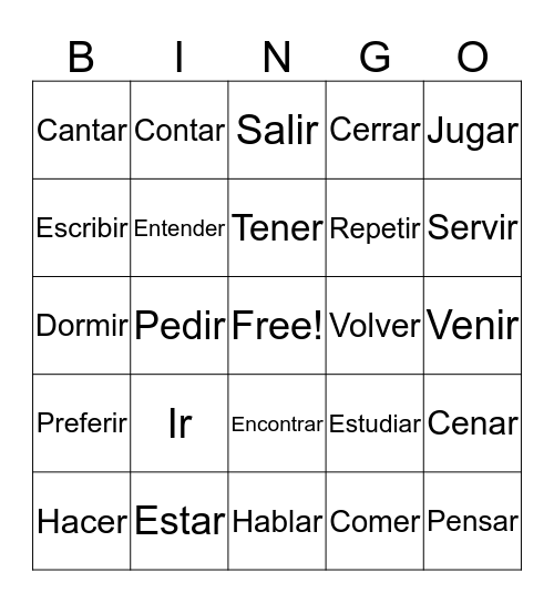 Irregular Verbs Bingo Card