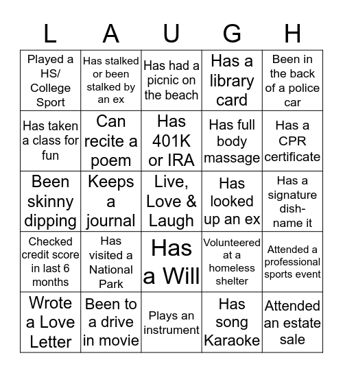 Live, Love & Laugh! Bingo Card