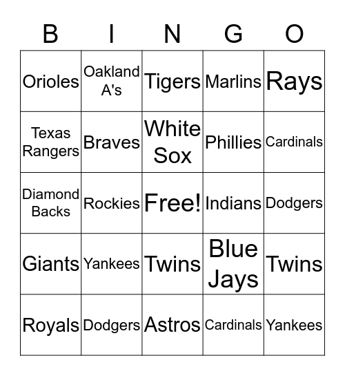 MLB Teams Bingo Card