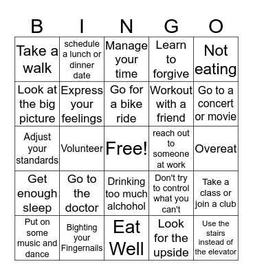 Stress Management Bingo Card