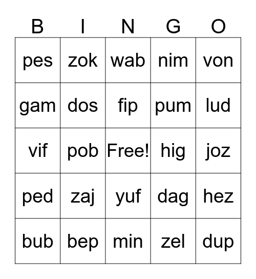 Nonsense Words - Set 1 Bingo Card