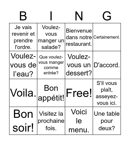 Au restaurant Bingo Card