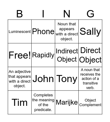 Object Complements! Bingo Card