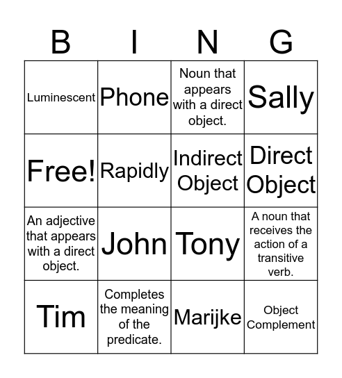 Object Complements! Bingo Card