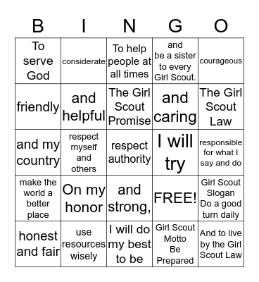 Brownie Troop 1803 Girl Scout BINGO Card