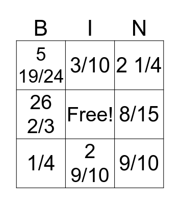 Fraction BING Bingo Card