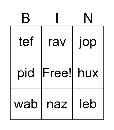 Silly Word Bingo Card
