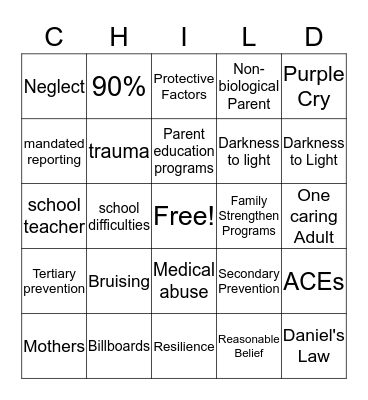 Prevention and Intervention Bingo Card